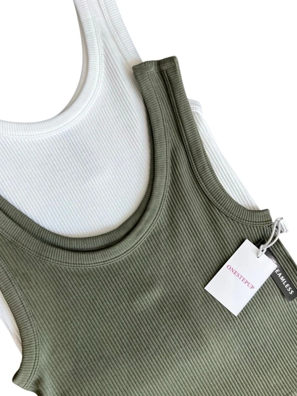 Tank Top Set Bundle Ribbed Cropped Green White Size S/M - Picture 3 of 13